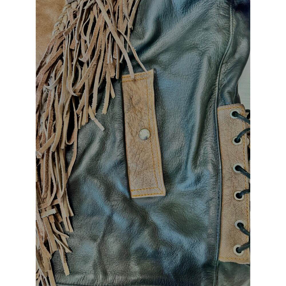 SHAF Leather Jacket 50 Black Tan Fringe Western Biker Motorcycle Rodeo Concho - Picture 5 of 10